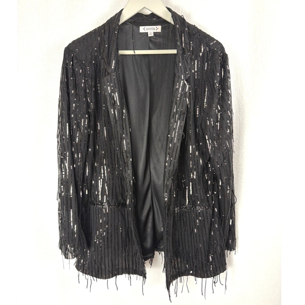 Nanette Lepore Womens Black Sequin Open Front Blazer Jacket Striped Fringe M